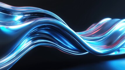Poster - Abstract Blue Glowing Wave with Neon Light Effect on Dark Background, Futuristic 3D Rendered Wavy Shape Design Element for Banner, Poster, or Advertising Copy Space. Digital Art, Modern Tech Aesthetic