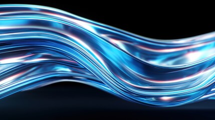 Poster - Abstract Blue Glowing Wave with Neon Light Effect on Dark Background, Futuristic 3D Rendered Wavy Shape Design Element for Banner, Poster, or Advertising Copy Space. Digital Art, Modern Tech Aesthetic