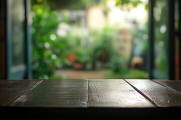 Poster - Rustic wooden table surface with out of focus garden bokeh background casting a warm peaceful light