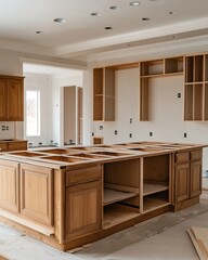 Aufkleber - Interior design of a new kitchen with wooden cabinets on installation day and remodeling process in a house