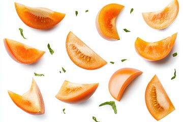 Aufkleber - Fresh tomato segments arrangement on white background flat lay shot capturing food concept top angle isolated