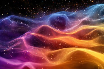 Poster - Ethereal galaxy backdrop with vibrant gradients and glowing particles on abstract wave formation