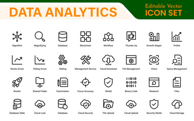 Big Data and Analytics Icon Pack – Cloud, AI, Charts, Visualization, Technology, Dashboard – Vector, Line, Outline, Minimal, Illustration Icons