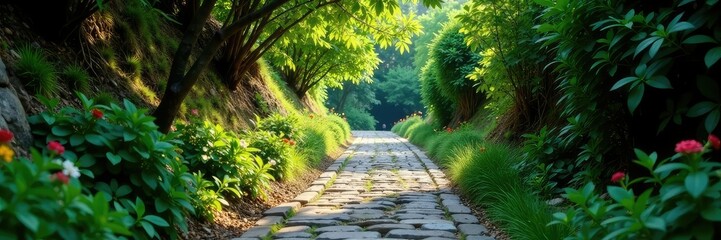Wall Mural - weathered cobblestone path winding up steep hill amidst dense foliage, trees, stone, cobblestone roa