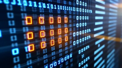 Flowing binary code streams with highlighted sections