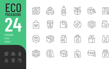 Eco Packaging Line Editable Icons set. Vector illustration in modern thin line style of ecology related icons: recyclable and biodegradable boxes, bottles, bags, and more. Isolated on transparent back