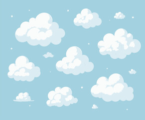 fluffy white clouds and stars on light blue sky background