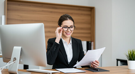 Leinwandbilder - Businesswoman smiling and reading documents at office desk