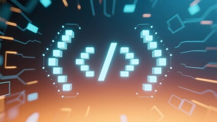 Glowing digital symbols in abstract form, representing the essence of modern coding and technology.