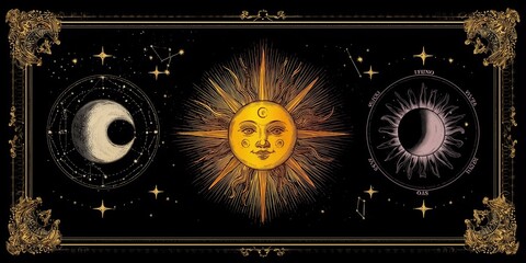 Wall Mural - Celestial illustration depicting sun and moon phases with constellations on a dark background
