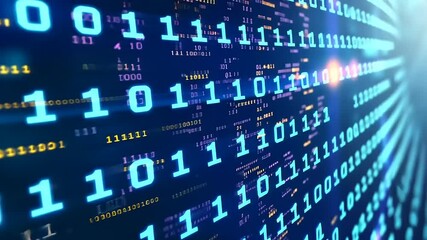 Binary code streams across a dark digital display, symbolizing data flow