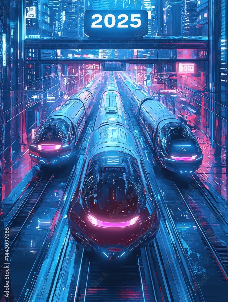 High-speed trains are lined up at a vibrant, neon-lit station in a futuristic city. The atmosphere is electric, illuminated by colorful lights under a glowing 2025 sign.