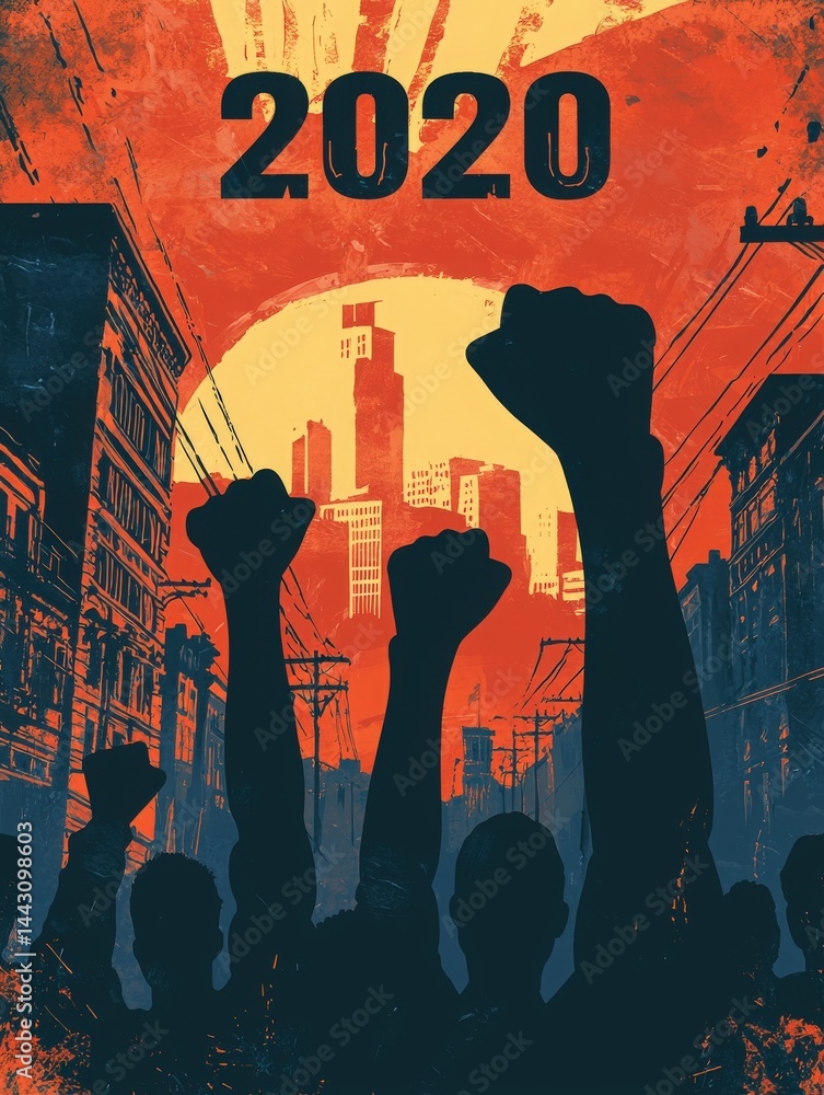 A striking depiction of raised fists against an urban backdrop, representing solidarity and activism in a city. The orange and red tones evoke a sense of urgency and hope in 2020.
