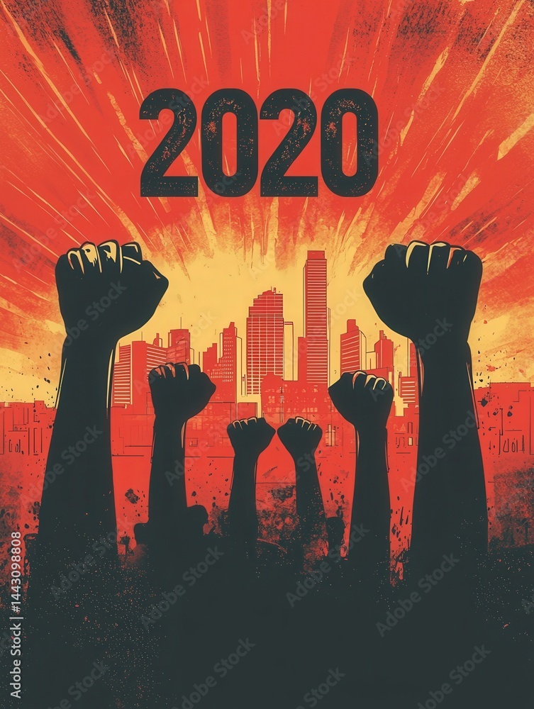 Bold fists raise against an urban skyline, symbolizing solidarity and social movements in 2020. The vibrant background conveys urgency and passion for change during a pivotal year.
