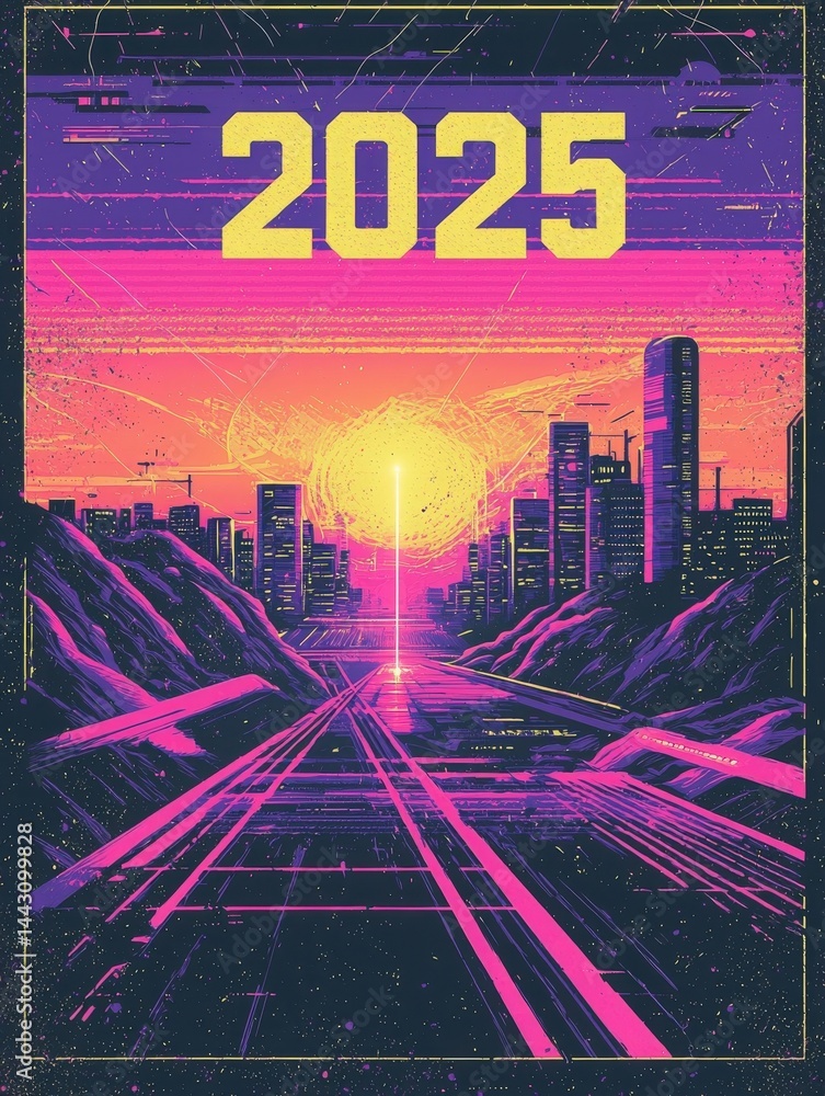 A vibrant and colorful depiction of a futuristic city in 2025, featuring a road leading towards a glowing sun with skyscrapers and digital elements against a twilight sky.