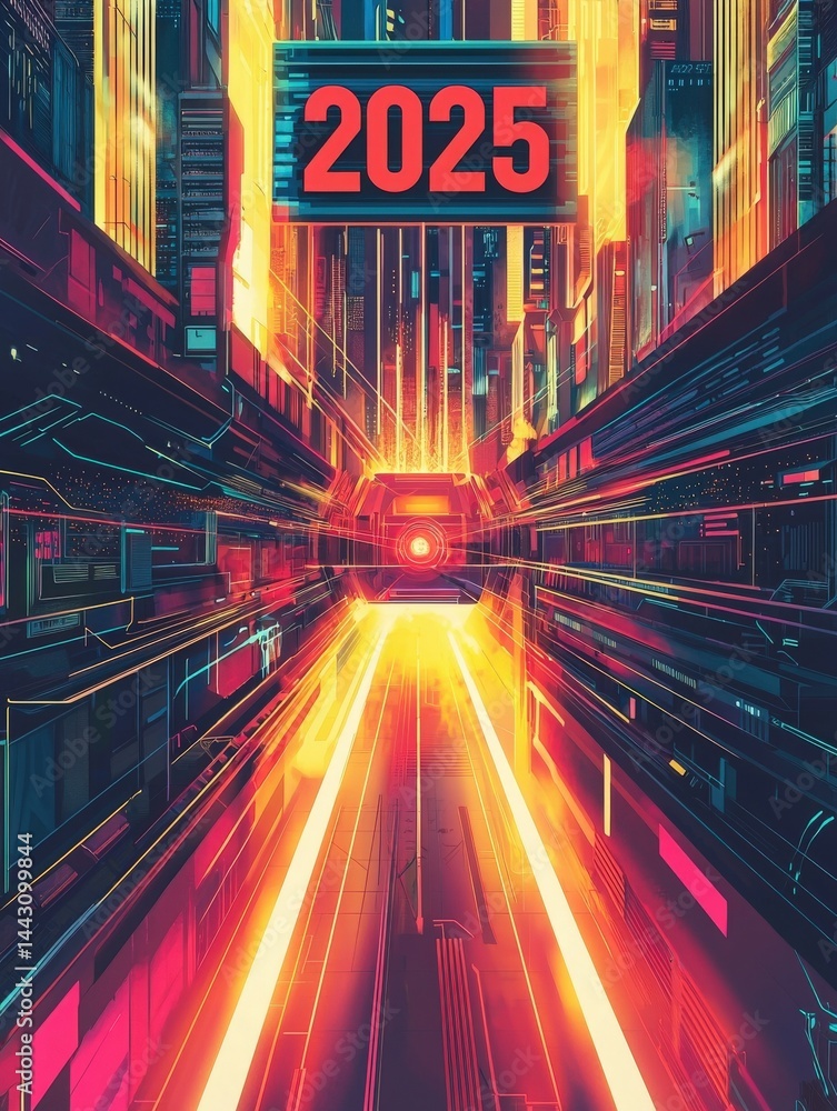 A digital artwork depicting a futuristic city corridor filled with neon lights and bright colors. A glowing portal is seen at the end of the tunnel, symbolizing advancement and technology in 2025.
