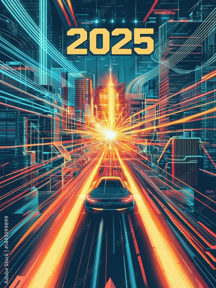 A sleek vehicle races through a vibrant urban environment filled with neon lights and energetic beams.