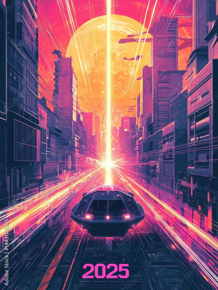 A vibrant city scene set in 2025 features towering buildings illuminated by neon lights. A sleek vehicle races down the street, with bright beams of light extending from its path.