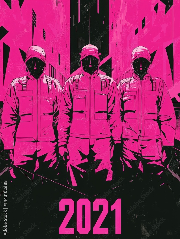 Three figures in bright pink outfits and hoods pose in a dark urban alleyway. Their faces are obscured, creating an air of mystery against the backdrop of towering buildings.