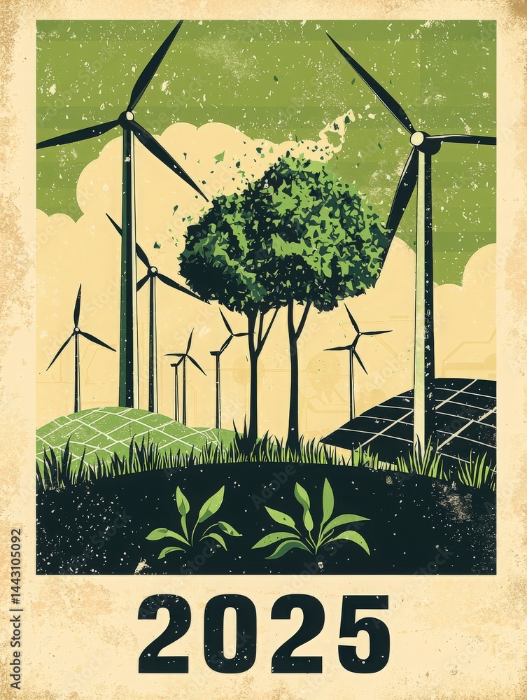 Wind turbines tower over a vibrant landscape dotted with solar panels and trees, symbolizing a sustainable future. New plants emerge from healthy soil, representing growth and renewal in 2025.