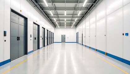  Modern Industrial Warehouse Interior Corridor with Rows of Grey Storage Doors and Bright Lighting