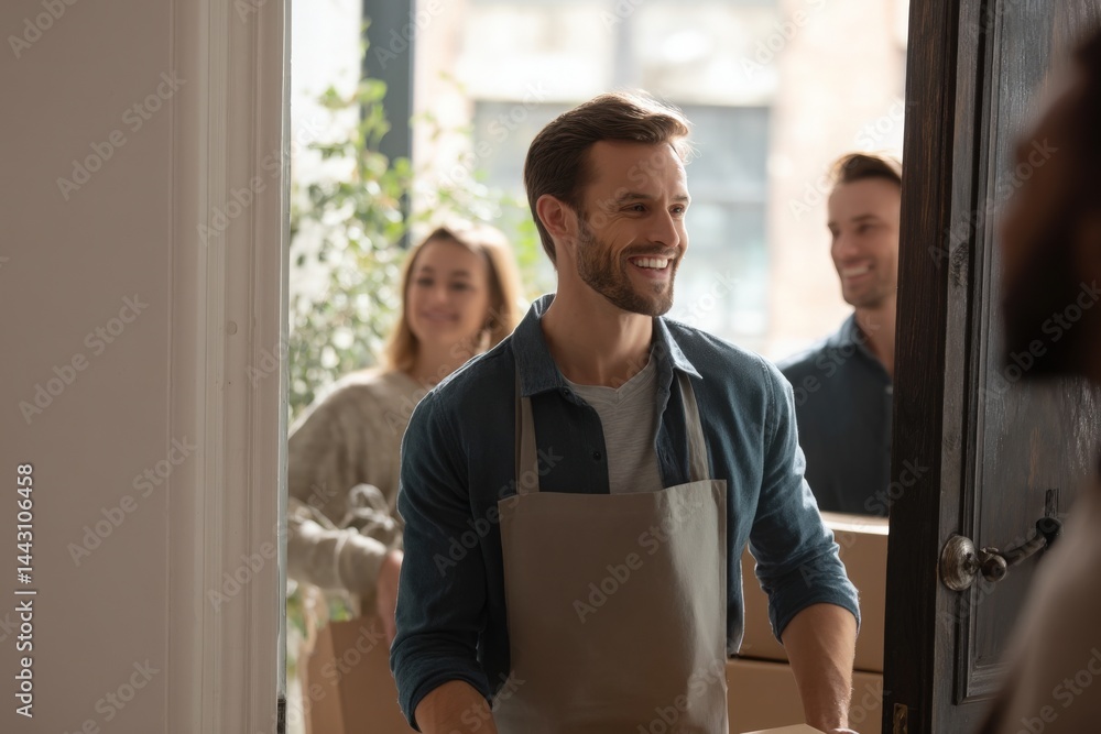 A man in casual attire and an apron carries a box, smiling broadly as he stands at the entrance of a home. Two individuals follow him, looking happy, ready to assist with the moving process.