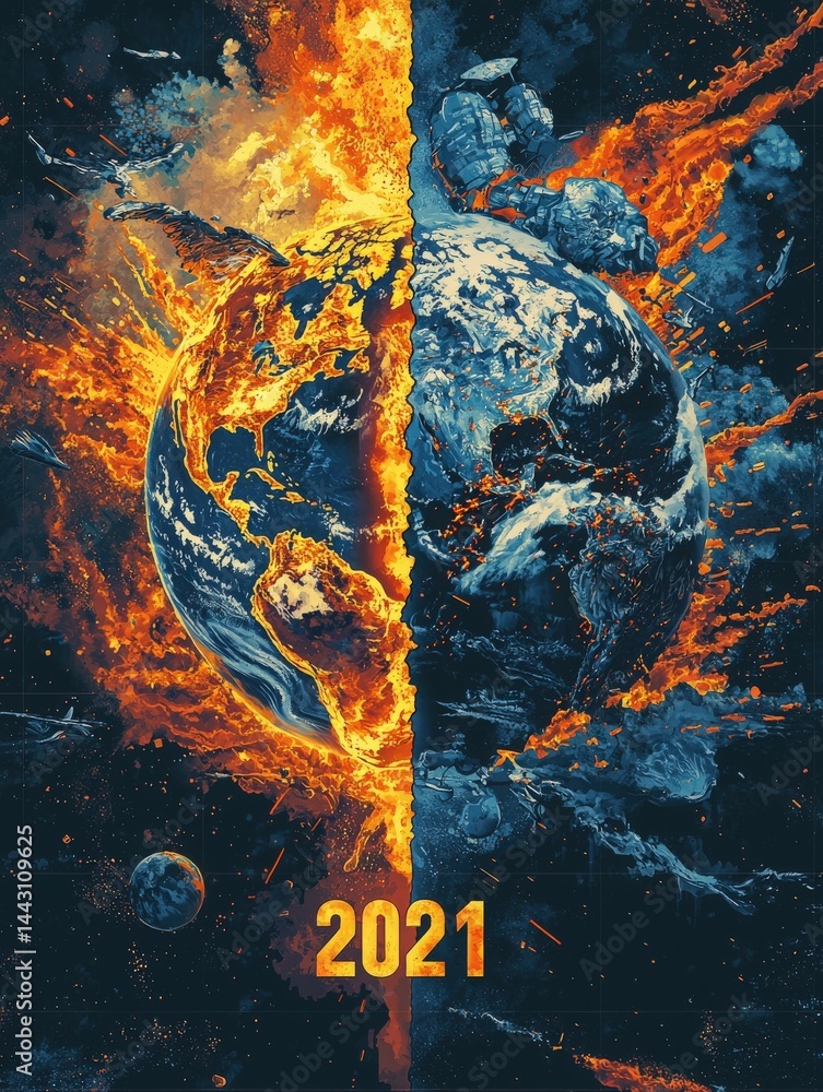 A dramatic artwork features a split Earth, with one half engulfed in flames and chaos, while the other side reveals a calmer, serene landscape. The date 2021 is prominently displayed at the bottom.
