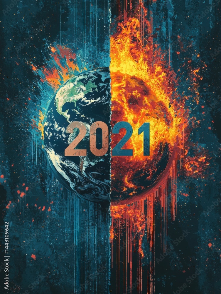 This artwork contrasts a vibrant Earth with a fiery, chaotic representation, symbolizing climate change impacts. The year 2021 is prominently displayed, emphasizing ongoing environmental challenges.