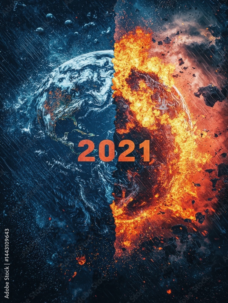 The artwork portrays a split planet Earth, with one side engulfed in flames and the other in water. Dramatic elements highlight the climate crisis, showcasing natures extremes in 2021.