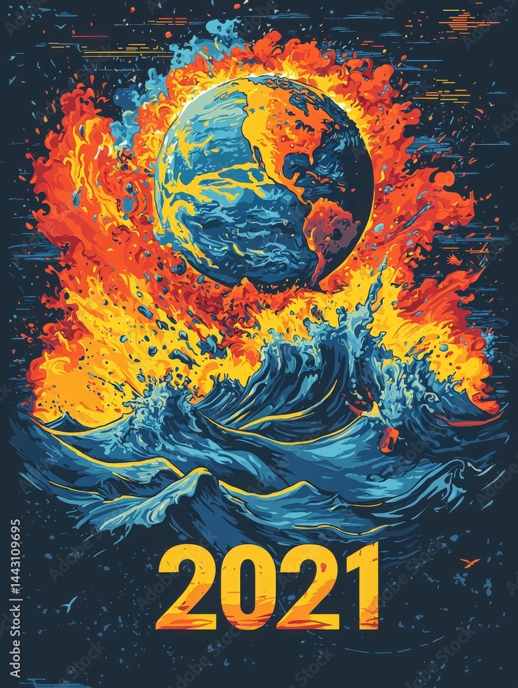 A colorful depiction of Earth engulfed in flames, rising over tumultuous waves. The design conveys a sense of chaos and intensity, marked by the bold year 2021 at the bottom.