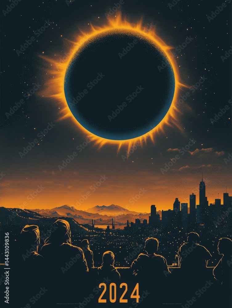 A stunning solar eclipse captures the awe of onlookers as they gaze from a hilltop overlooking a dynamic city skyline, with mountains in the background and an orange sunset glow.
