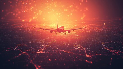 Wall Mural - Stylized representation of global air traffic workload with airplanes and luminous arcs, clean gradient background