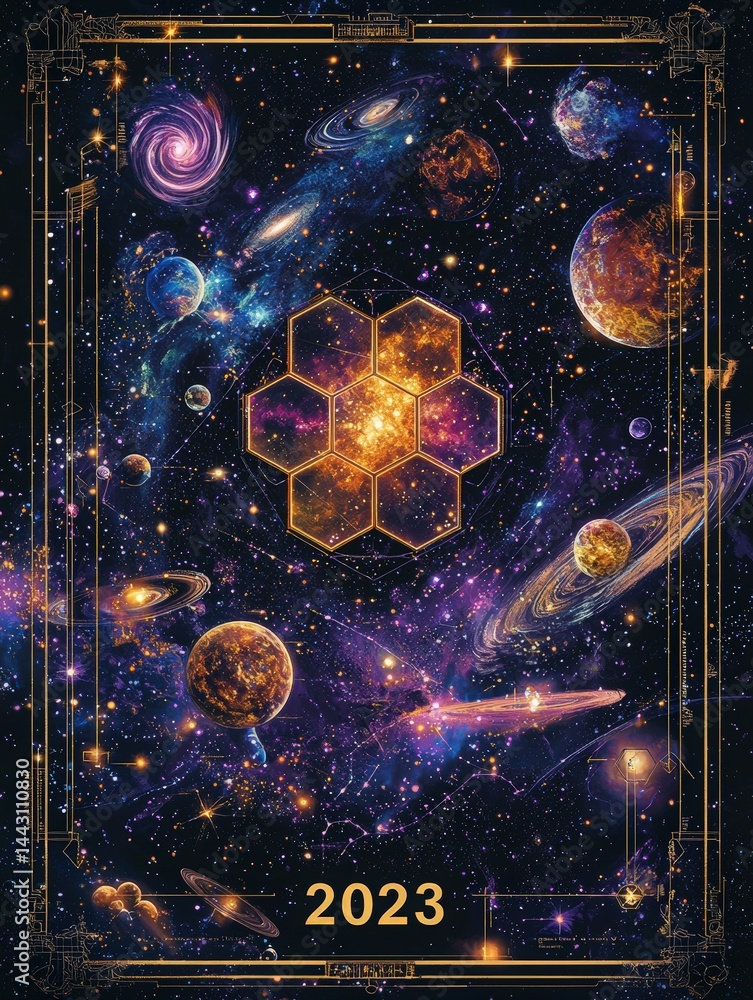 A vibrant cosmic artwork displays numerous galaxies, planets, and celestial bodies against a dark backdrop.
