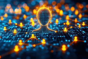 Wall Mural - abstract representation of digital human silhouette surrounded by glowing network connections and da