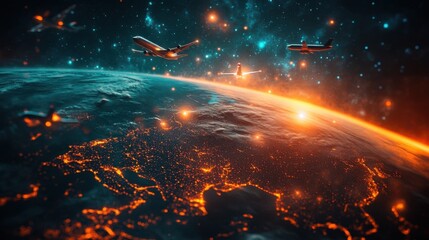 Wall Mural - Global air traffic workload visualized with planes forming a glowing web around Earth, vibrant background 
