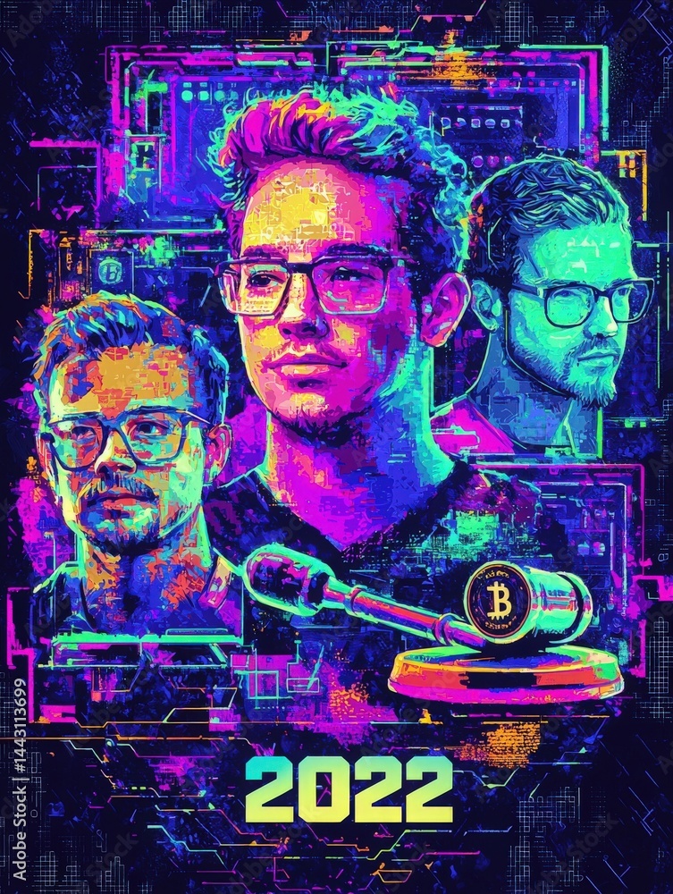 Multiple vibrant portraits of men wearing glasses are displayed artistically, with a gavel symbolizing legal aspects of cryptocurrency. The colorful digital background enhances the modern theme.