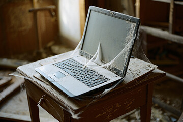 an abandoned laptop covered in dust and cobwebs sits on a worn wooden table in a neglected room.