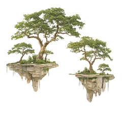 two lush green trees grow on floating islands with rock cliff edges.
