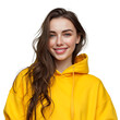 © Pedro - Young Woman With Long Brown Hair And Yellow Hoodie Smiling Isolated On White Or Transparent Png