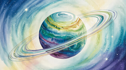 Wall Mural - Colorful watercolor illustration of a planet with rings in space