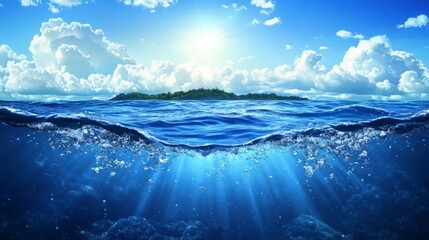 tropical island ocean scene with underwater view