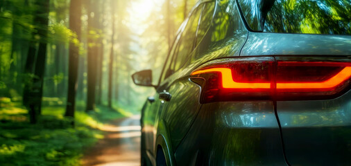 Fototapete - closeup of electric car tail light driving on a sunny forest road. sustainable transportation, green energy. banner with copy spacce