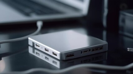 Wall Mural - a laptop computer placed on a glass table, with a minimalist background.