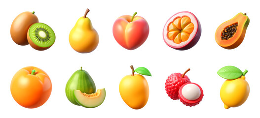 assorted fruits set of 3D Icons – Glossy Minimal Emoji Style, Isolated PNG