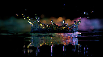 Wall Mural - colorful crown-shaped water splash with droplets and reflections against a dark background