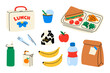 © Ira - School lunch set. Cute cartoon lunch box, food tray with sandwich and vegetables, juice box, fruits, milk carton, water bottle, paper bag with note. Flat vector illustration