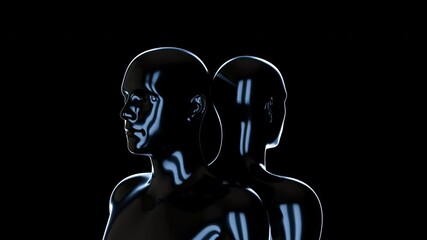 Abstract two chrome metal man body rotation on black background. Modern fashion 3d animation. Technological digital concept. Creative futuristic motion art.