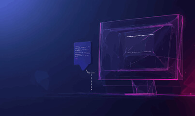 Wall Mural - abstract artificial intelligence interface with low poly computer and speech bar on dark blue backgr