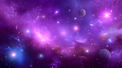 Wall Mural - vibrant cosmic landscape featuring stars, planets, and nebulas in a mesmerizing blend of purple hues