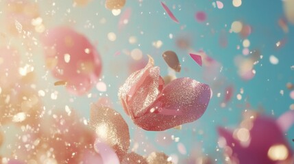 Wall Mural - ethereal rose petals dance in a flurry of shimmering light against a serene blue backdrop creating a